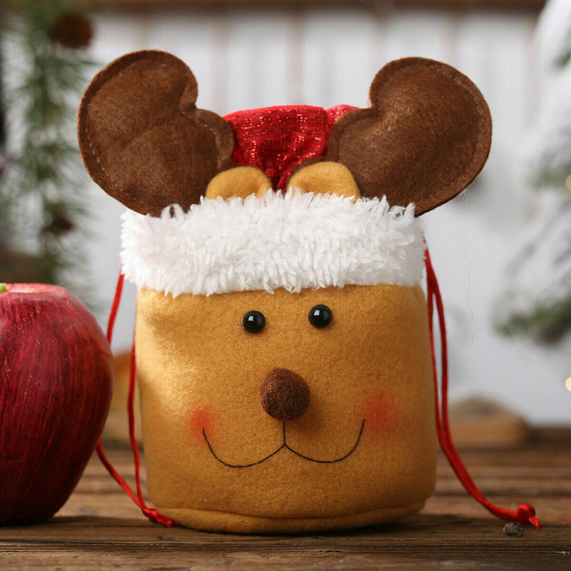 Christmas Sweet Treat Wrapping Bag Santa Snowman Elk Drawstring Gift Bags -3 Pcs