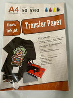 New Inkjet Iron-On Heat Transfer Paper For Dark fabric 50 Sheets 8.5"x 11" A4