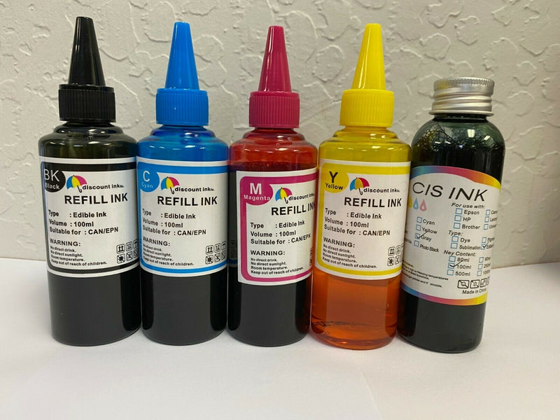 Edible Ink Refill Kit for Canon Epson Brother Printers 5x100ml Ink Bottles +Gray